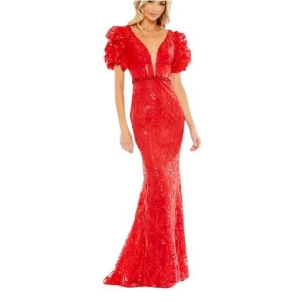 Mac Duggal Red Sequined Puff-Sleeve Deep V Maxi Gown